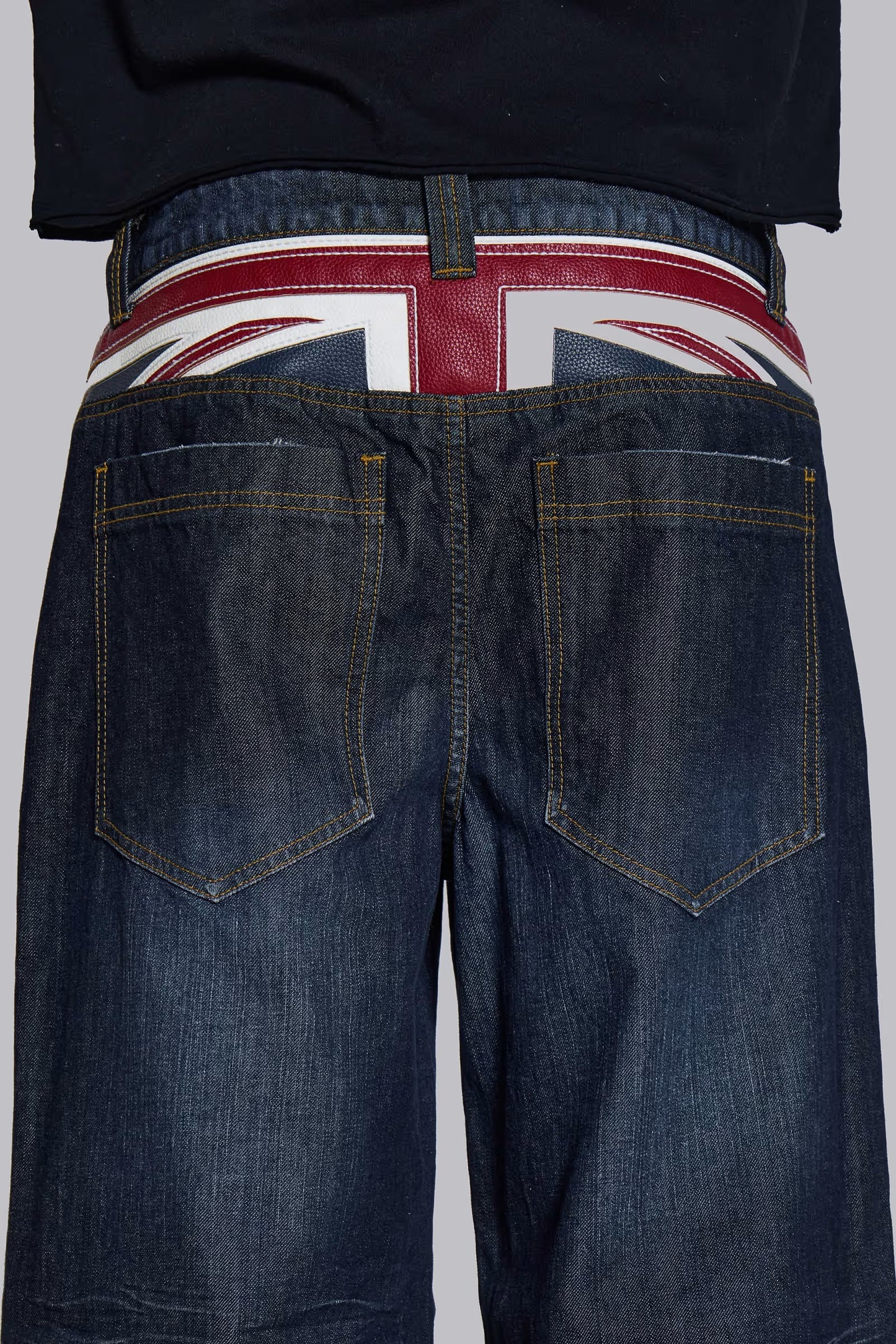 Faux Leather Applique Union Jack Indigo Colossus Baggy Jeans