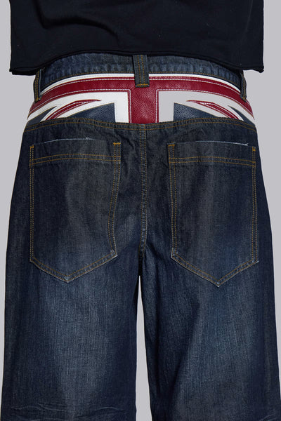 Faux Leather Applique Union Jack Indigo Colossus Baggy Jeans