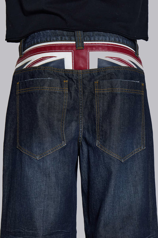 Faux Leather Applique Union Jack Indigo Colossus Baggy Jeans
