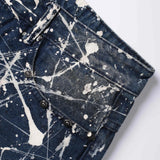 “Relationship“ Printed Splashed Ink Washed Jeans in Blue