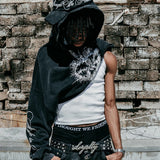 "Alis" Printed Necklace Hoodie in Washed Black