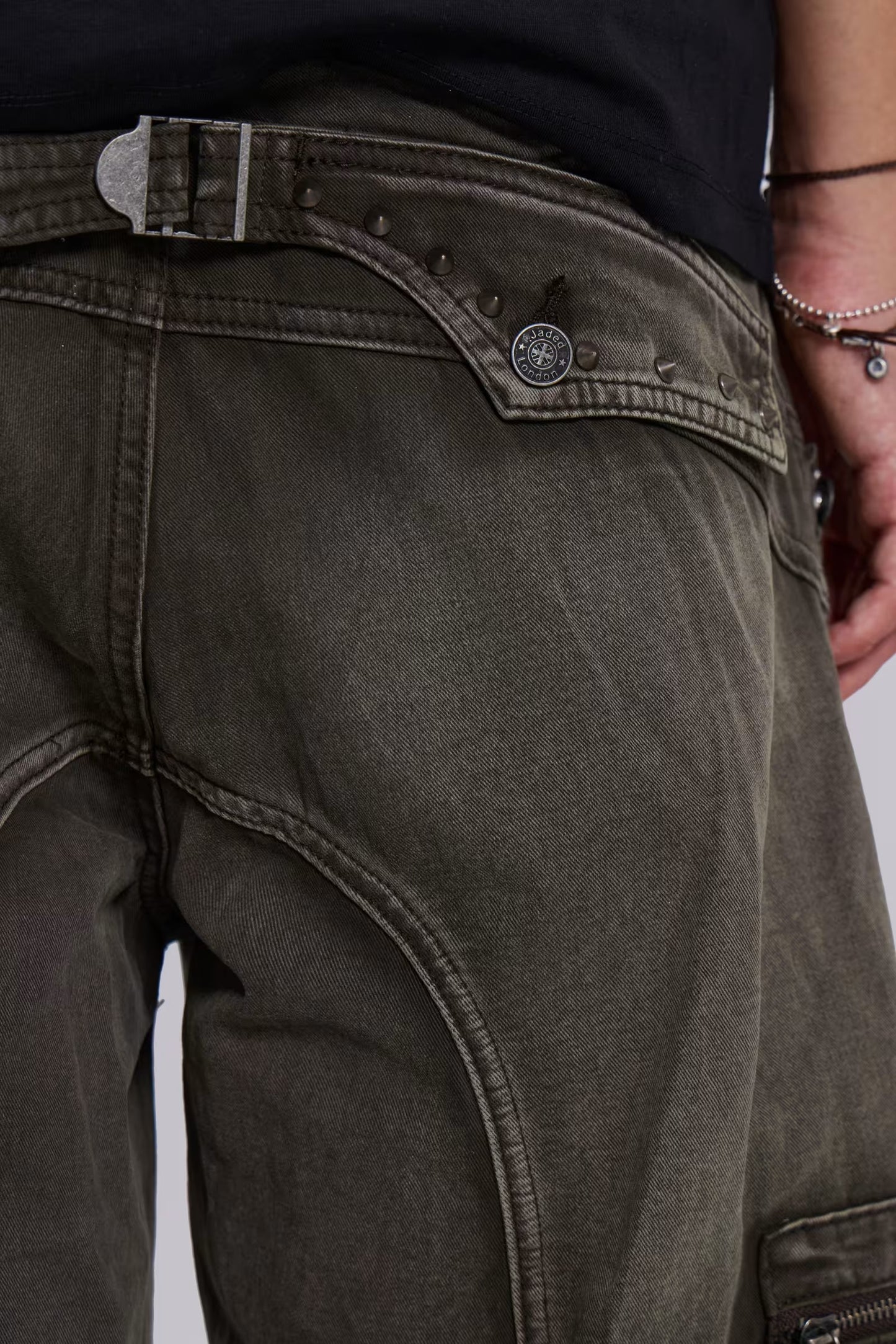 Faded Khaki Cargo Studded Drawstring Multi-Pocket Jeans