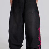 Super Baggy Washed Black Pink Embroidered Retro Jeans
