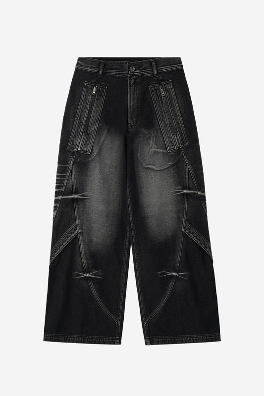 【BLR BLUER】Curved Tanker Washed Denim Pants