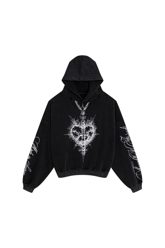 【THOUGHT WE FRIENDS】"Alis" Printed Necklace Hoodie in Washed Black