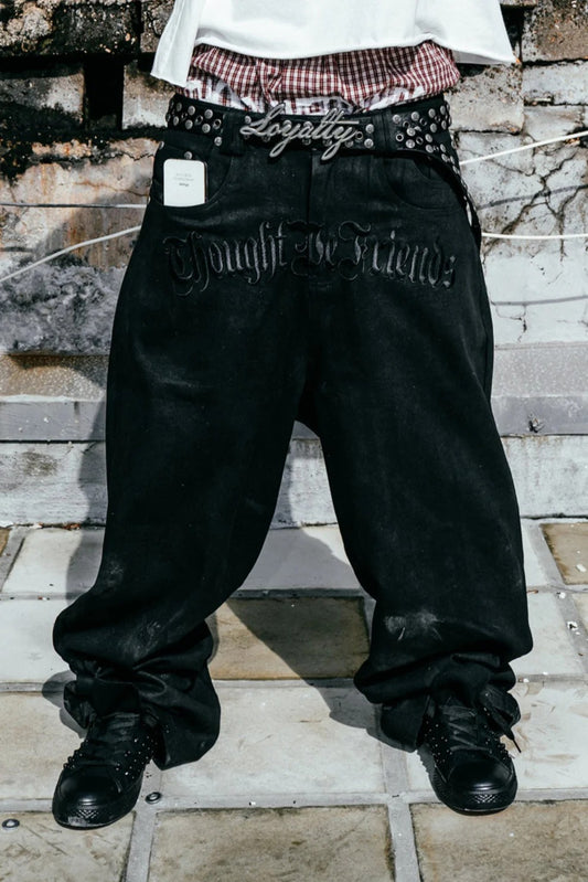 【THOUGHT WE FRIENDS】"Lucius" Embroidered Waxed Baggy Denims in Black