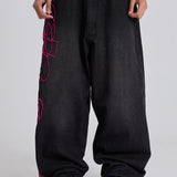 Super Baggy Washed Black Pink Embroidered Retro Jeans