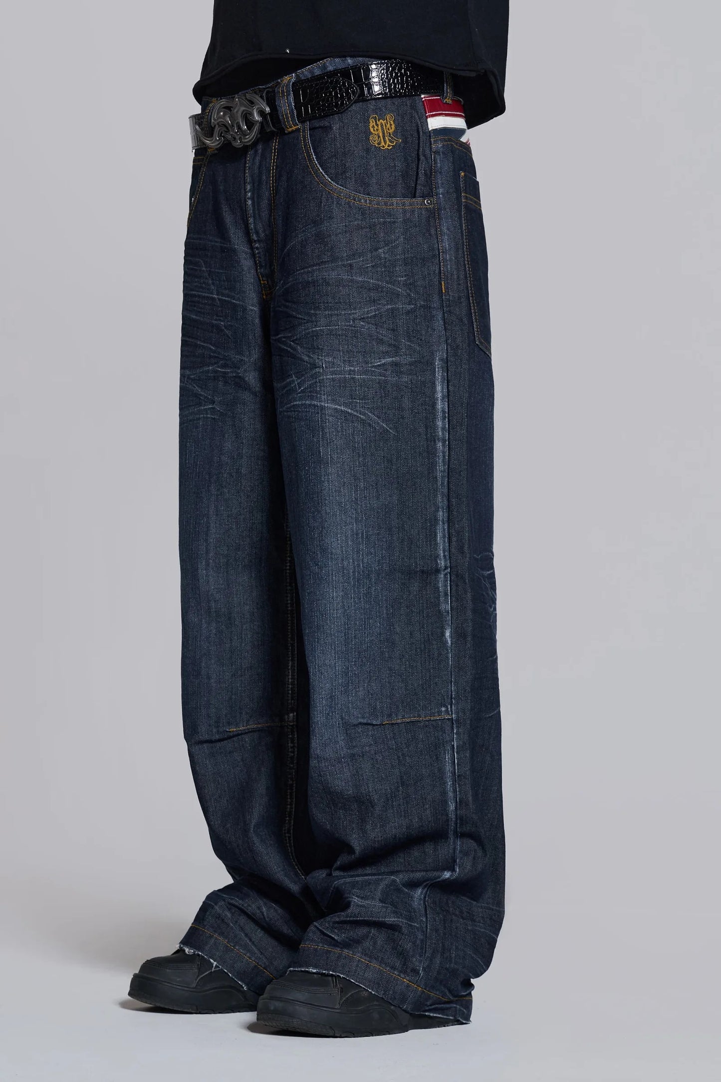 Faux Leather Applique Union Jack Indigo Colossus Baggy Jeans