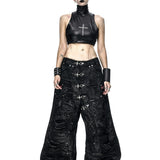 Black Wax Ripped Wide Pants