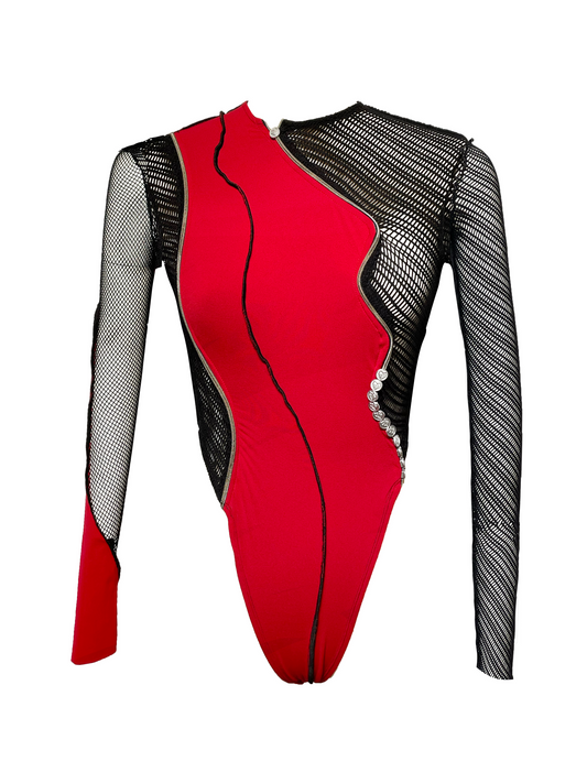【JENN LEE】 Invasion Love Twisted Zipper Red Mesh Jumpsuit