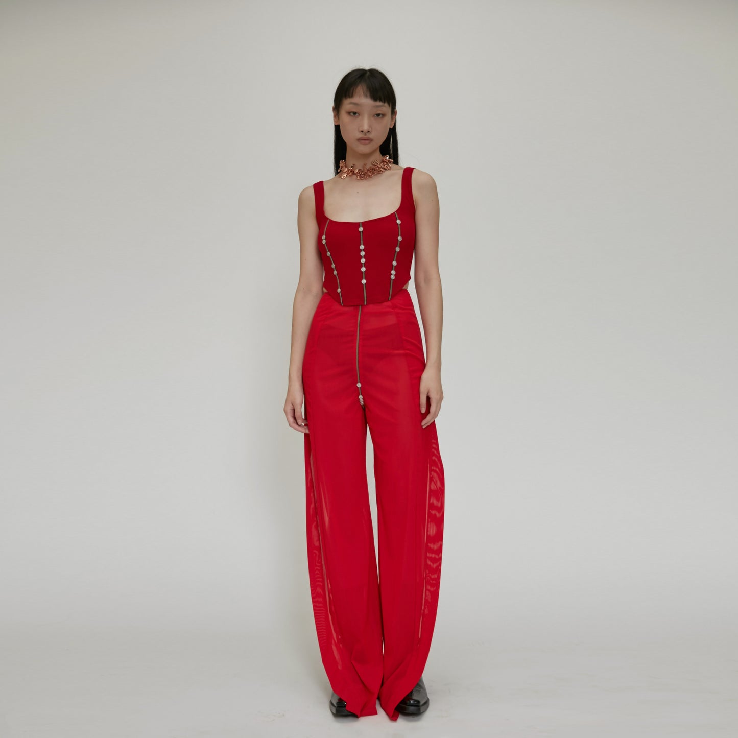 【JENN LEE】Button Zipper See Through Mesh Split Trousers