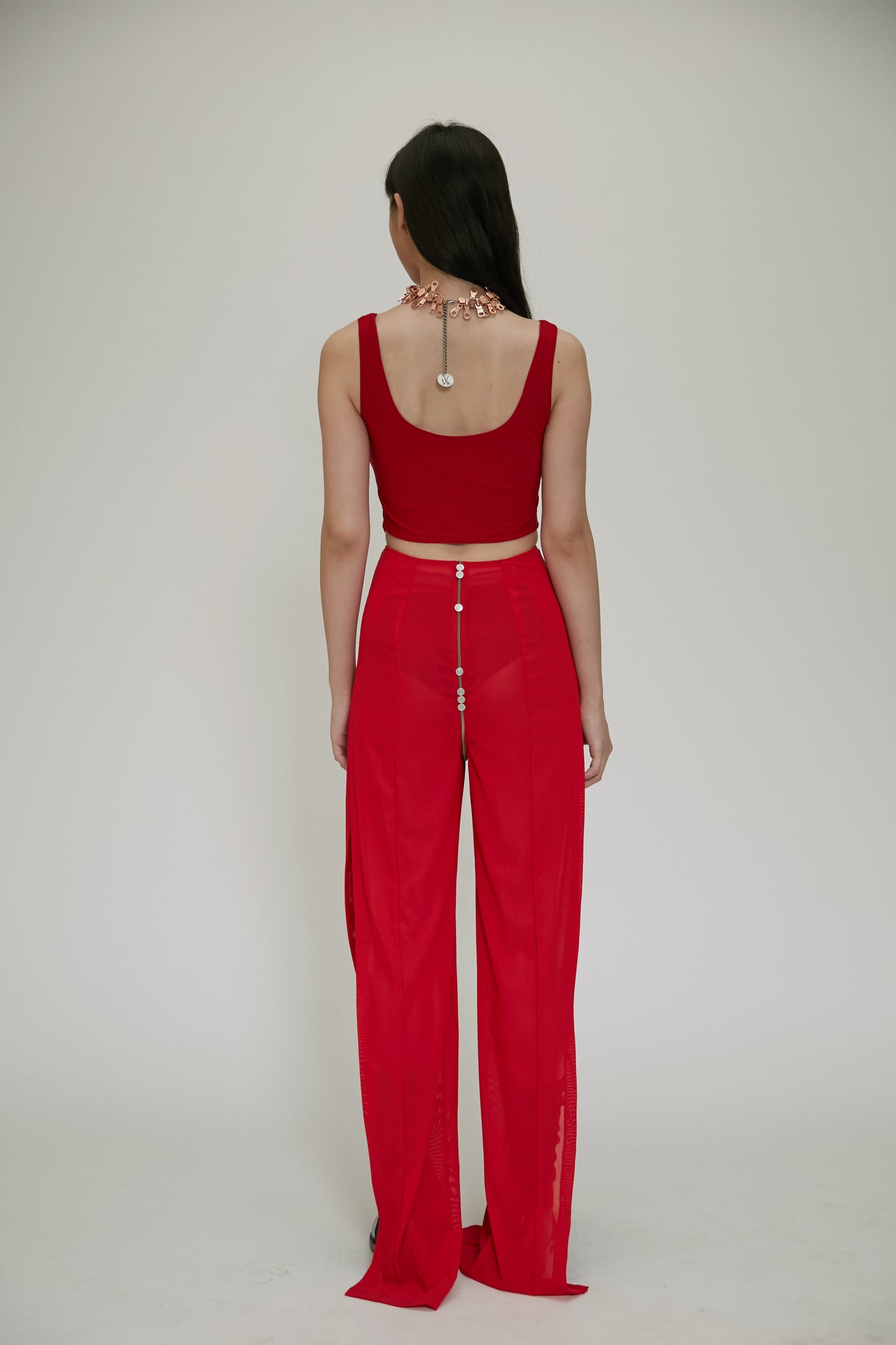 【JENN LEE】Button Zipper See Through Mesh Split Trousers