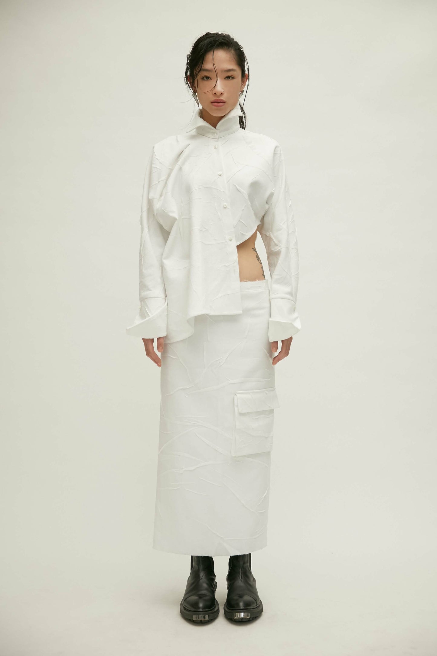 【JENN LEE】  Creased Low Rise Skirt (White)