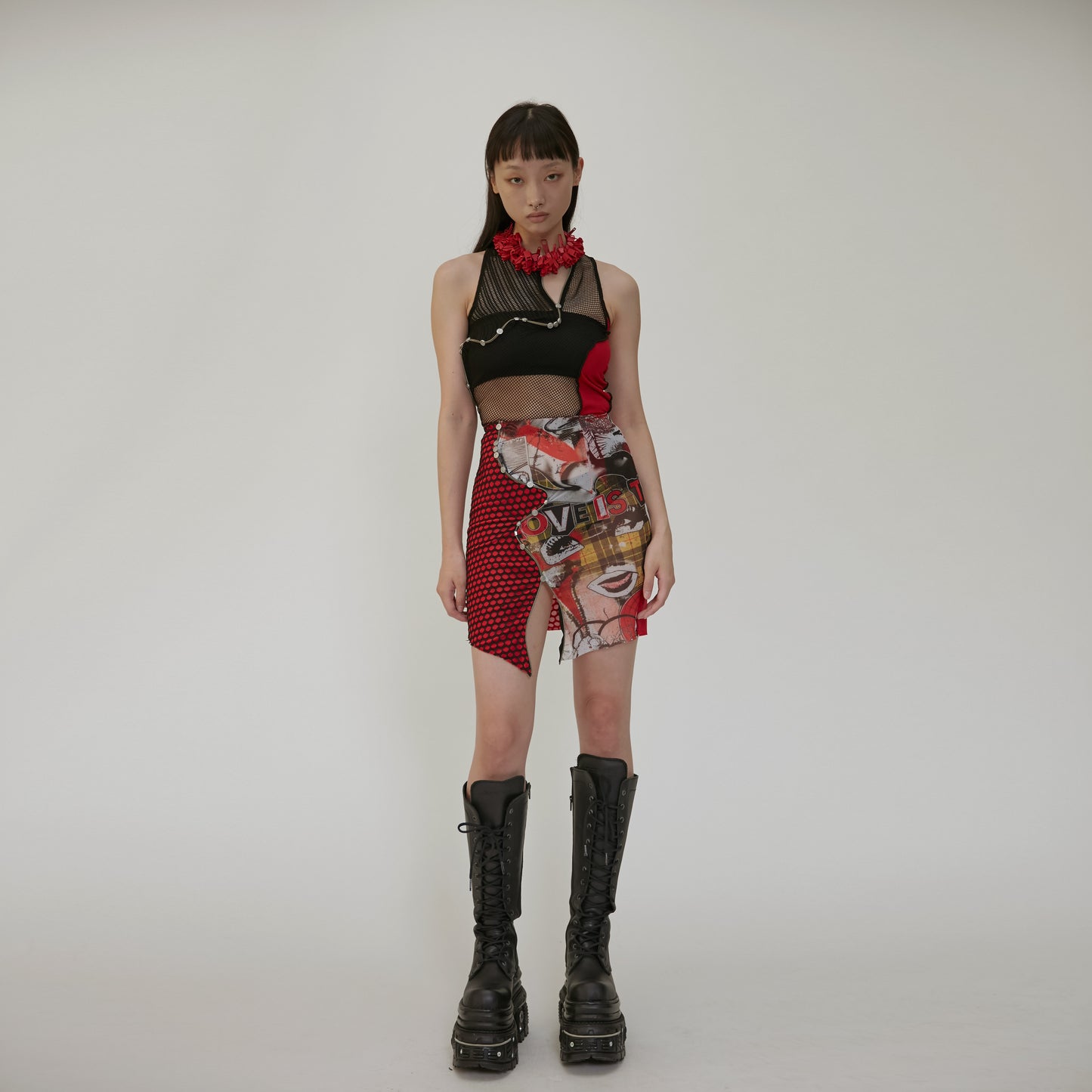 【JENN LEE】Love Printed Mesh Mini Skirt